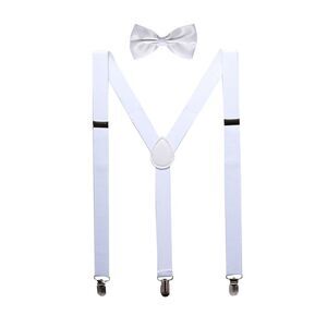 Elastic Adjustable Shoulder Strap Y Shaped Bow Tie and Suspenders Set White